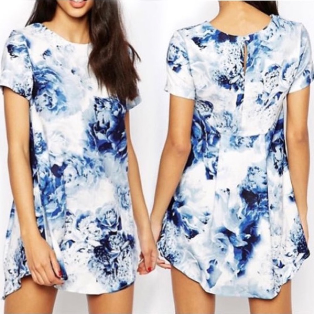 WYLDR Whitley Shift Dress Blue White Floral XS Short Sleeves